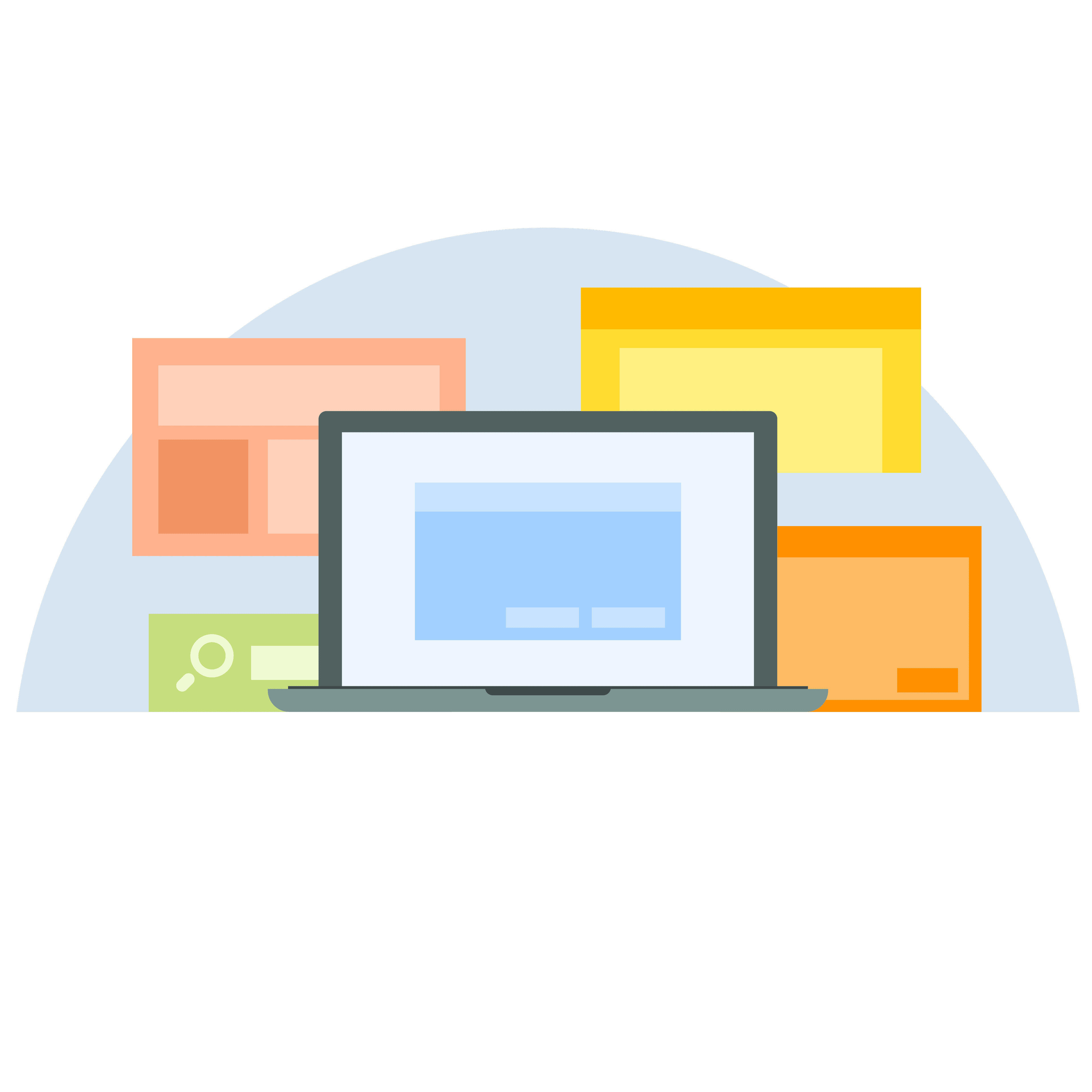 Illustration of laptop and application windows